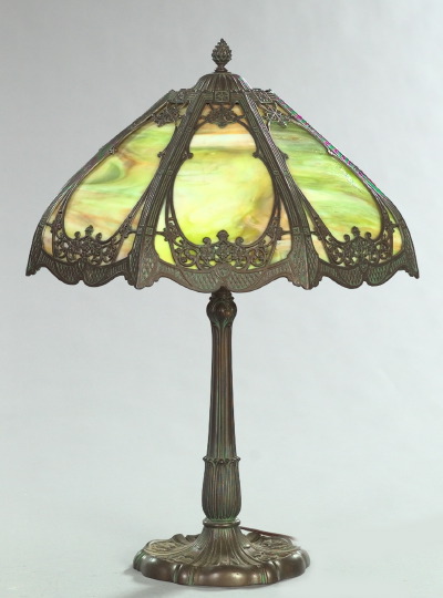 Appraisal: American Bronzed Cast-Iron and Metal-Mounted Pale Green and White Slag