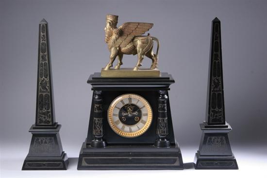 Appraisal: FRENCH EGYPTIAN REVIVAL BRONZE DOR AND MARBLE MANTLE CLOCK AND