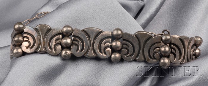 Appraisal: Mexican Sterling Silver Bracelet Lopez of chased shaped and bead