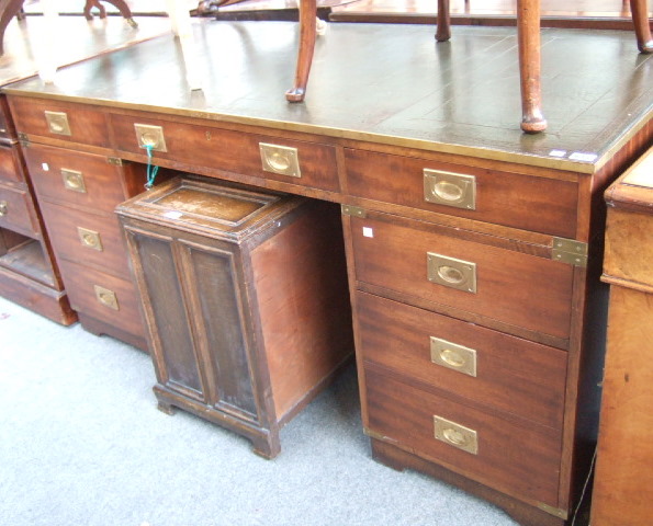 Appraisal: A th century mahogany campaign style pedestal desk the inset