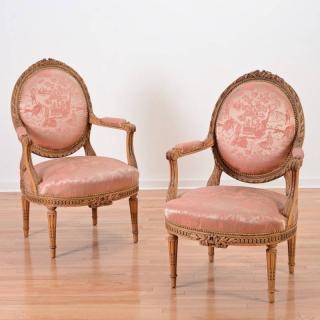 Appraisal: Nice pair Louis XVI style fruitwood armchairs th th c