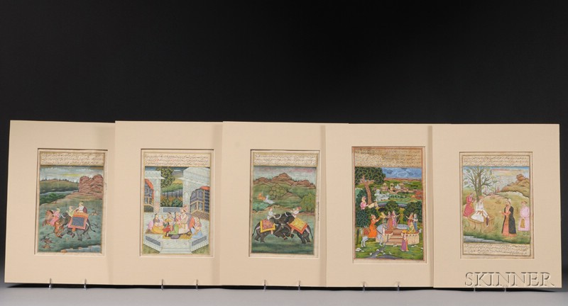 Appraisal: Five Miniature Paintings India th century ink colors and gilt