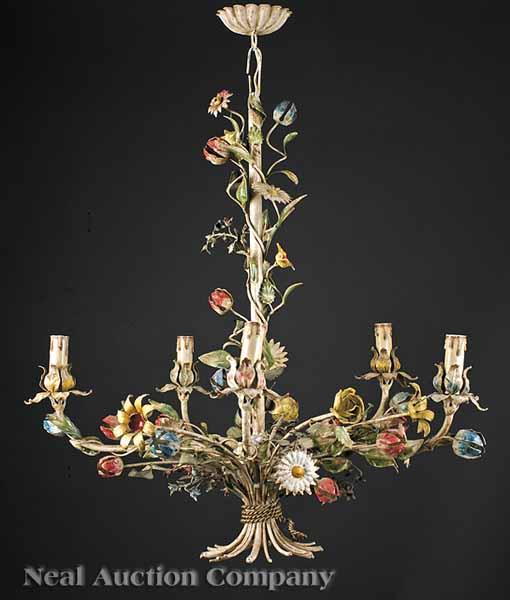 Appraisal: An Antique French T le Peinte Five-Light Chandelier the standard