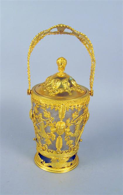 Appraisal: French gilt metal mounted glass swing handled jar Of tapered