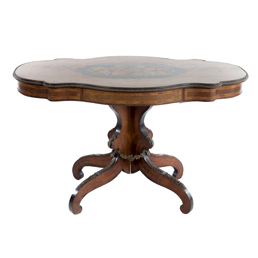 Appraisal: Napoleon III Marquetry Inlaid Center Table Circa turtle form top