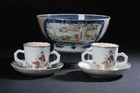 Appraisal: PAIR CHINESE EXPORT FAMILLE ROSE PORCELAIN CHOCOLATE CUPS AND SAUCERS