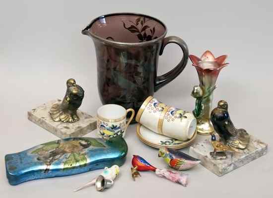 Appraisal: A selection of bird objects including a glass jug two