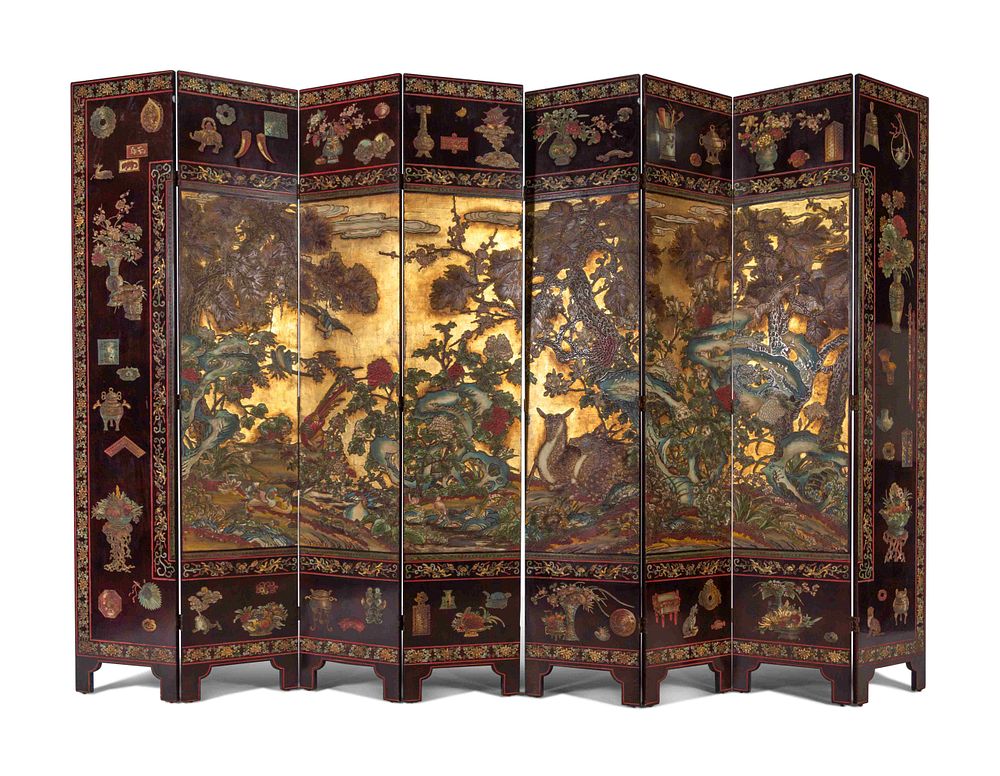 Appraisal: A Coromandel Lacquer Eight-Panel Floor Screen A Coromandel Lacquer Eight-Panel