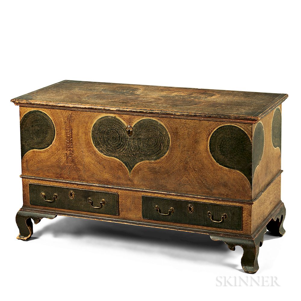 Appraisal: Putty-painted and Heart-decorated Poplar Blanket Chest over Two Drawers Putty-painted