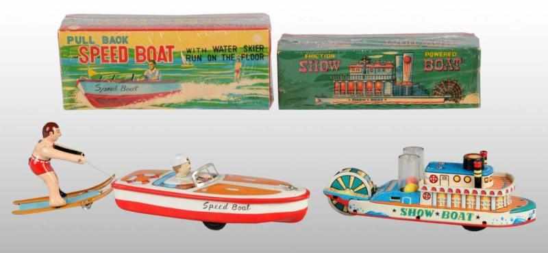 Appraisal: Lot of Tin Litho Boat Friction Toys Description Japanese Working