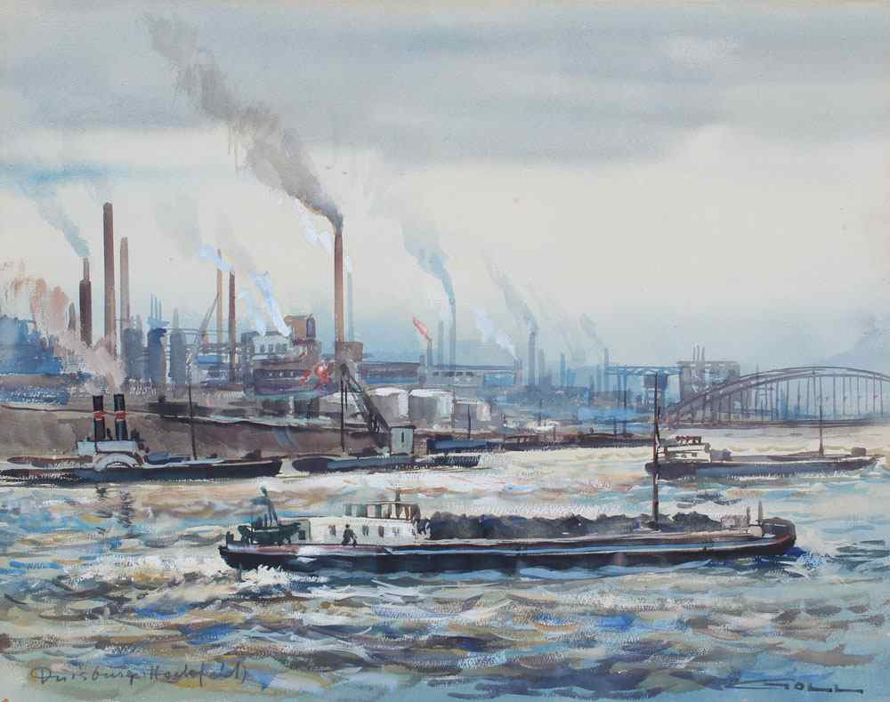 Appraisal: BUSY GERMAN INDUSTRIAL HARBOR SCENE SIGNED GOLL Watercolor sight size