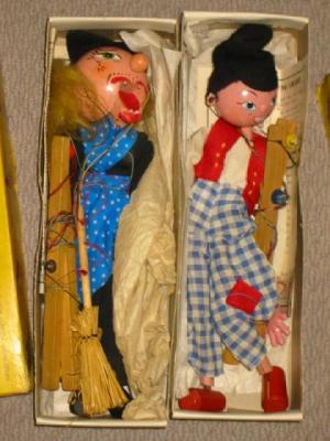 Appraisal: Two Pelham puppets Dutch Boy and Witch yellow boxes G