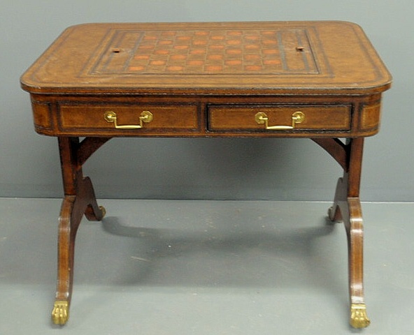 Appraisal: Regency style inlaid mahogany gaming table with a tooled leather