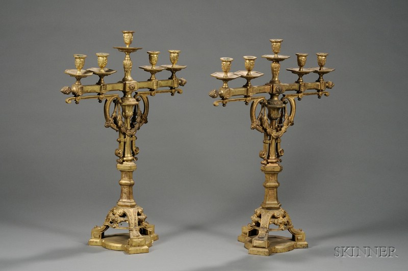 Appraisal: Pair of Large Classical Revival Gilt-bronze Five-Light Candelabra late th