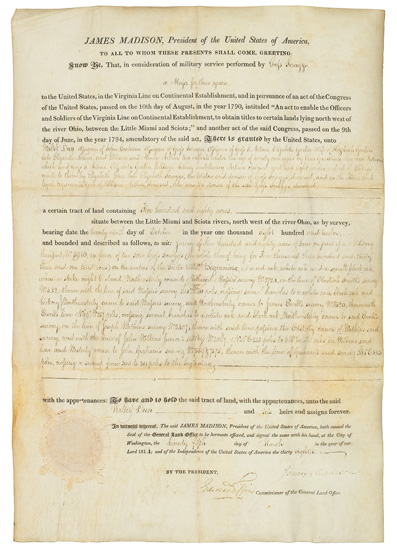 Appraisal: MADISON JAMES Partly-printed vellum Document Signed as President land deed