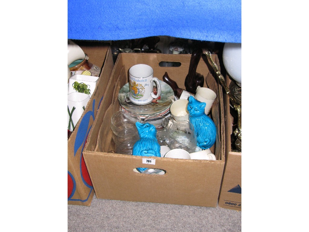 Appraisal: Box of assorted ceramics and glassware to include commemorative teawares