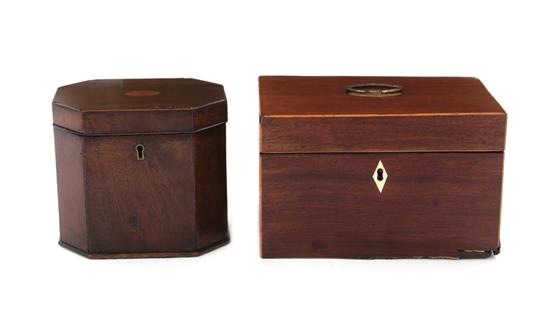 Appraisal: English inlaid mahogany tea caddies th century octagonal H W