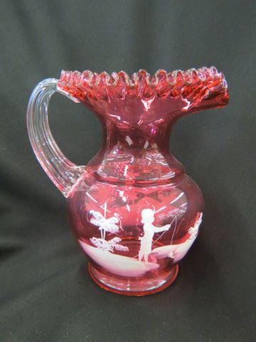 Appraisal: Mary Gregory Style Cranberry Glass Pitcher girl and bird excellent