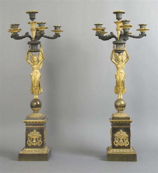 Appraisal: A Pair of Empire Gilt and Patinated Bronze Six-Light Candelabra