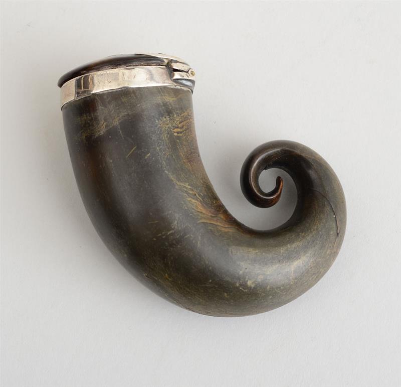 Appraisal: SCOTTISH SILVER-MOUNTED HORN SNUFF MULL Unamarked the hinged lid with