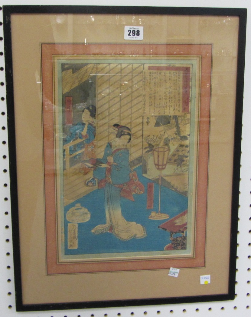 Appraisal: Two Japanese woodblock prints th each depicting figures in an