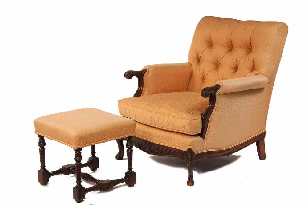 Appraisal: UPHOLSTERED ARMCHAIR OTTOMAN - Mahogany Framed Upholstered Armchair ca s