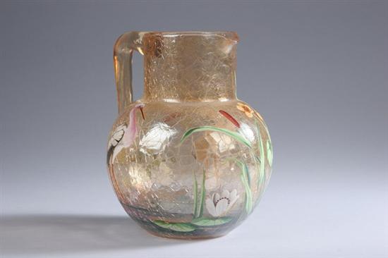 Appraisal: ENAMELLED PEACH-COLORED CRACKLE GLASS PITCHER Depicting two water birds wading