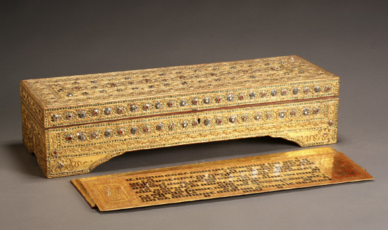 Appraisal: Burmese Manuscript Cover with Leaves in a Colored Sequin-Mounted Giltwood