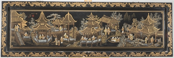 Appraisal: Chinese painted wood panel depicting figures in a landscape with