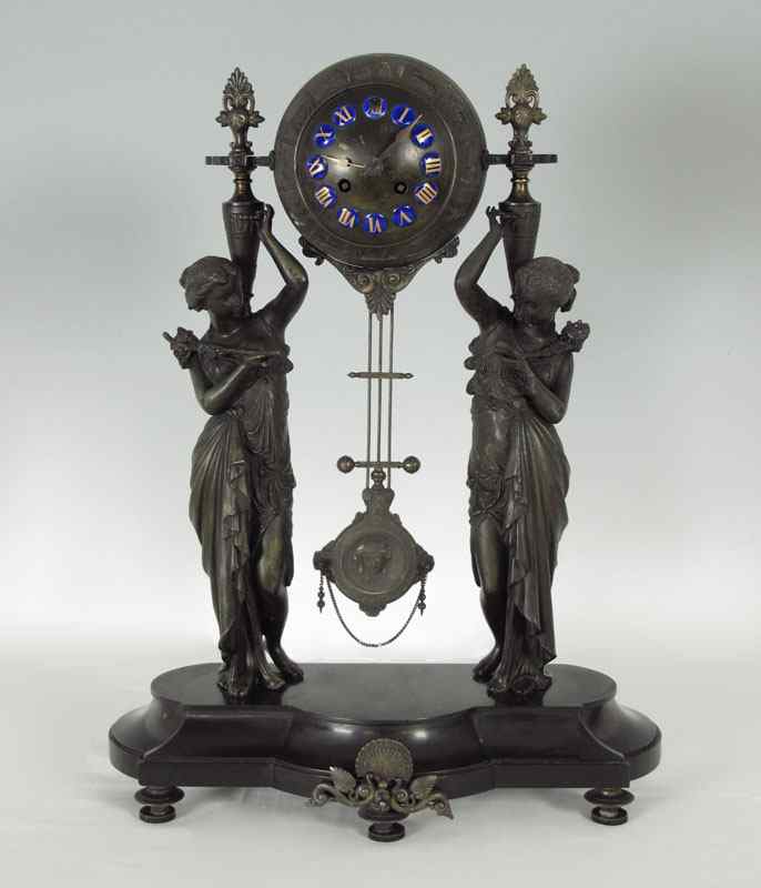 Appraisal: BLOT DROUARD FRENCH ZODIAC FIGURAL CLOCK Figural spelter maidens supporting