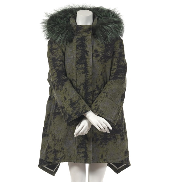 Appraisal: FENDI FUR TRIMMED HOODED ILLUSION COAT European size Wool coat