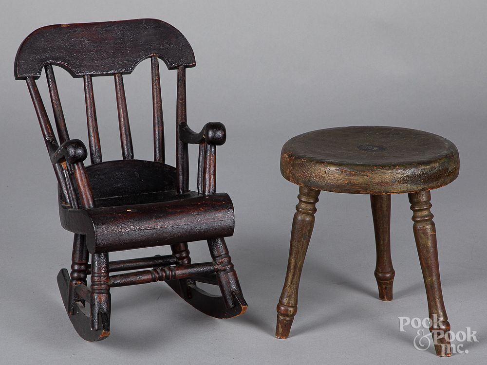 Appraisal: Doll rocking chair th c together with a stoo Doll