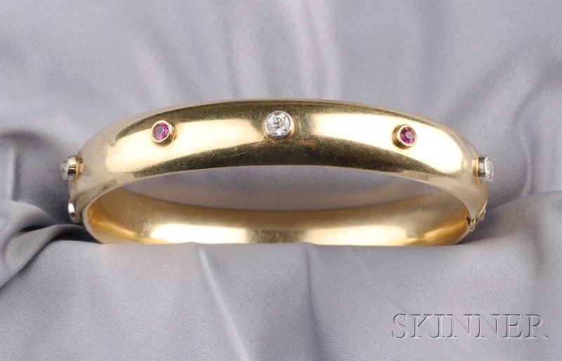 Appraisal: kt Gold and Diamond Bangle bezel-set with old European-cut diamonds