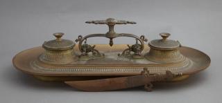 Appraisal: French Patinated Bronze Inkstand c the cen French Patinated Bronze