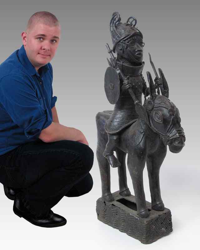 Appraisal: BENIN AFRICAN BRONZE WARRIOR ON HORSE SCULPTURE ' x '