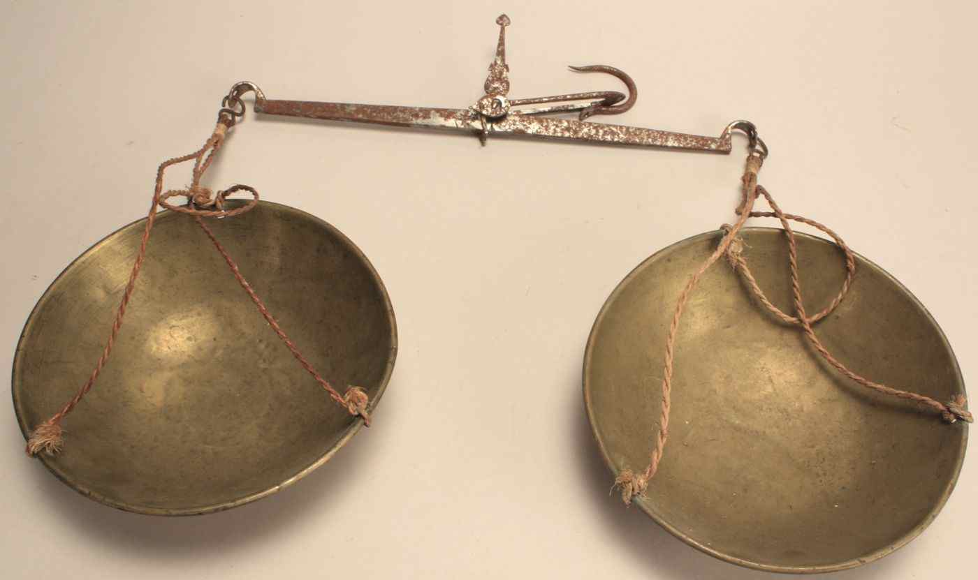 Appraisal: HANGING STEEL AND BRASS BALANCE SCALE th CenturyDiameter of pans