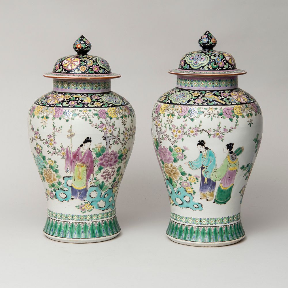 Appraisal: Pair of Famille Rose Porcelain Jars and Covers Probably Samson