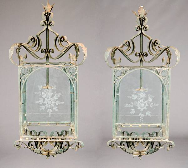 Appraisal: A pair of Renaissance style etched glass painted iron and