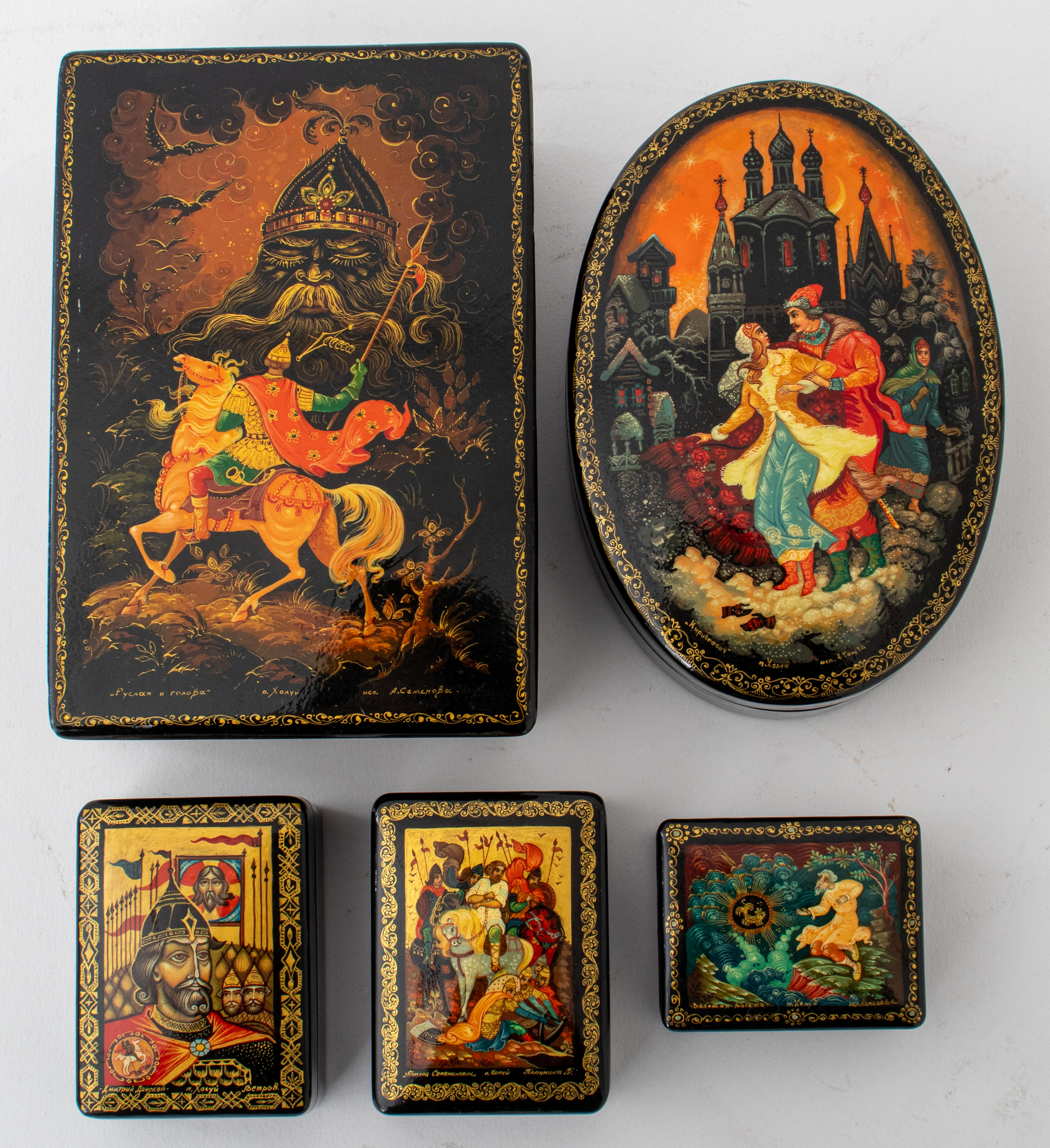 Appraisal: FIVE RUSSIAN LACQUER BOXES KHOLUI TH C Five Russian LAcquer