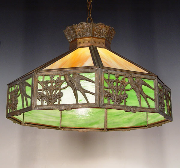 Appraisal: VINTAGE PANEL SLAG GLASS CEILING LAMP Conical shape panels of