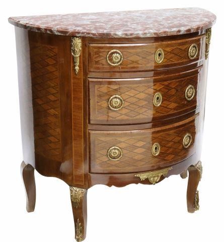 Appraisal: French Louis XV style marble-top mahogany commode th c demilune