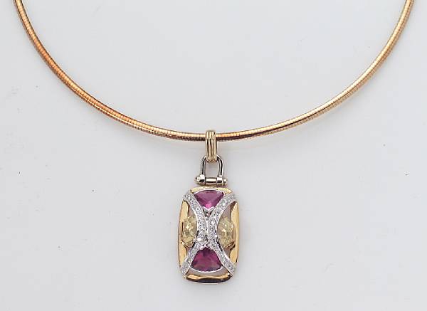 Appraisal: A yellow sapphire pink tourmaline diamond and k gold pendant