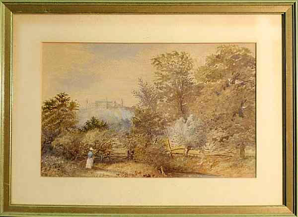 Appraisal: Watercolor painting landscape painting with a castle on a hill