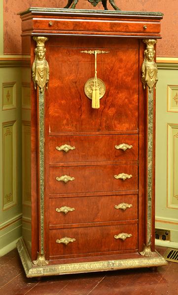 Appraisal: ORMOLU MOUNTED BUREAU D'ABATTANT THE INTERIOR FITTED WITH DRAWERS SURROUNDING