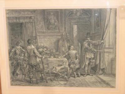 Appraisal: LOUIS HAGHE Interior Scene with Cavaliers signed crayon drawing heightened