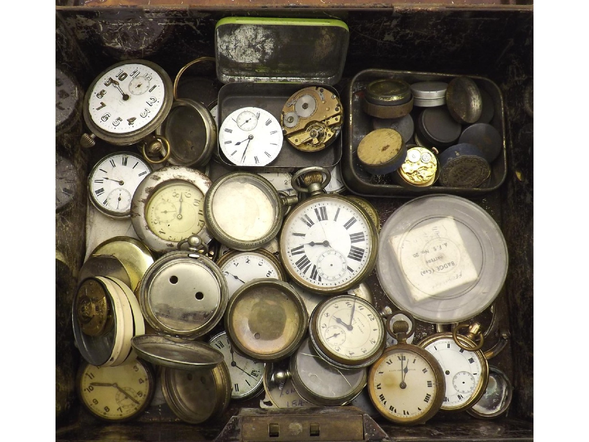 Appraisal: Tin of assorted pocket watches for repair pocket watch spares