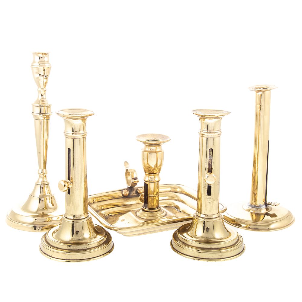 Appraisal: Five Assorted Brass Candlesticks th century includes hog scraper in