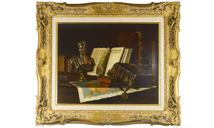 Appraisal: Gyula Budarnik - Desktop still life - library study Oil