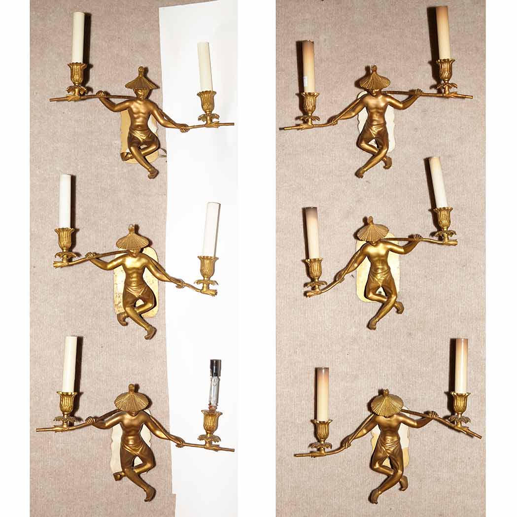 Appraisal: Set of Six Regency Style Gilt-Metal Two-Light Sconces Each in