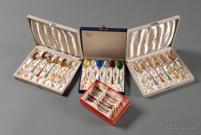 Appraisal: Two Sets of Boxed Scandinavian Gold-washed and Enameled Sterling Flatware